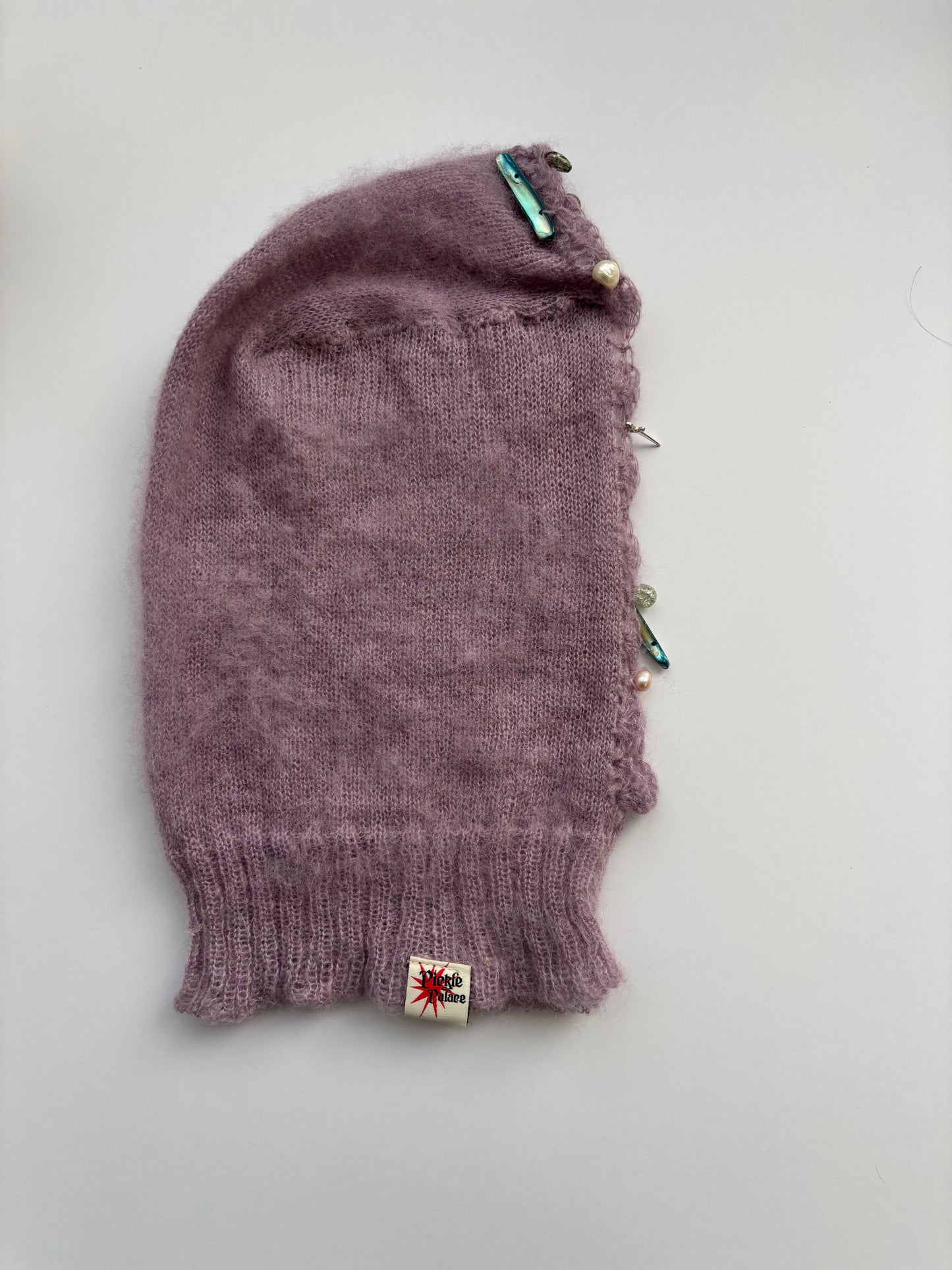 Lavender mohair hood with vintage glass and pearl beads