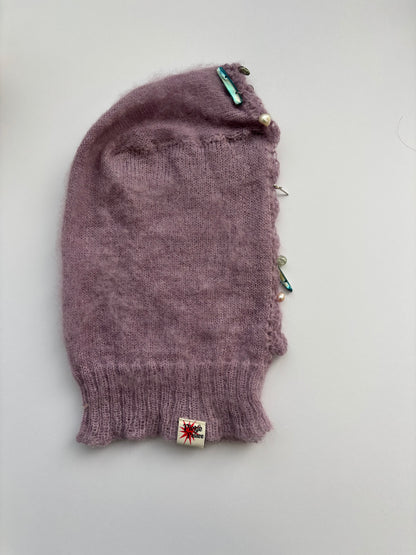 Lavender mohair hood with vintage glass and pearl beads