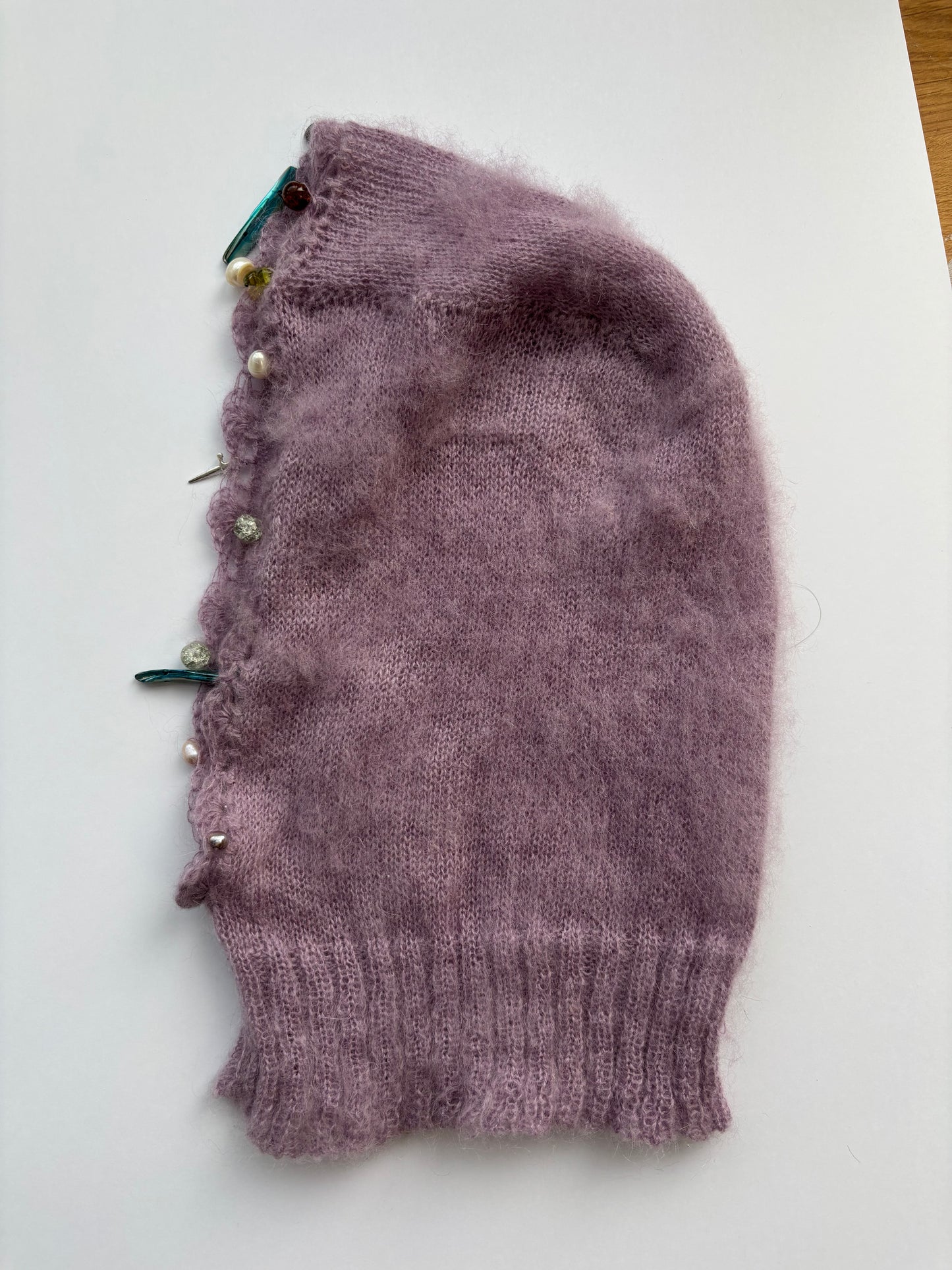 Lavender mohair hood with vintage glass and pearl beads