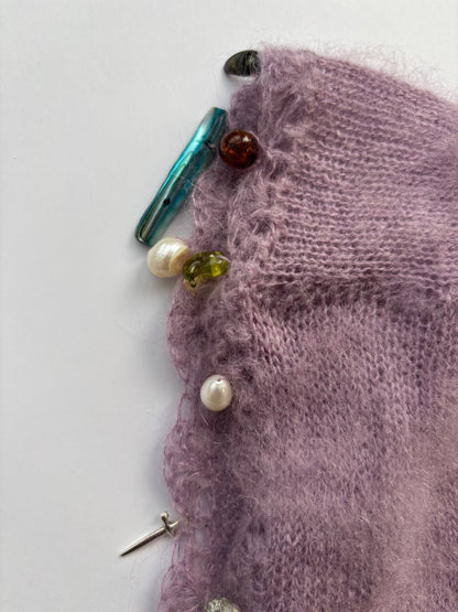 Lavender mohair hood with vintage glass and pearl beads