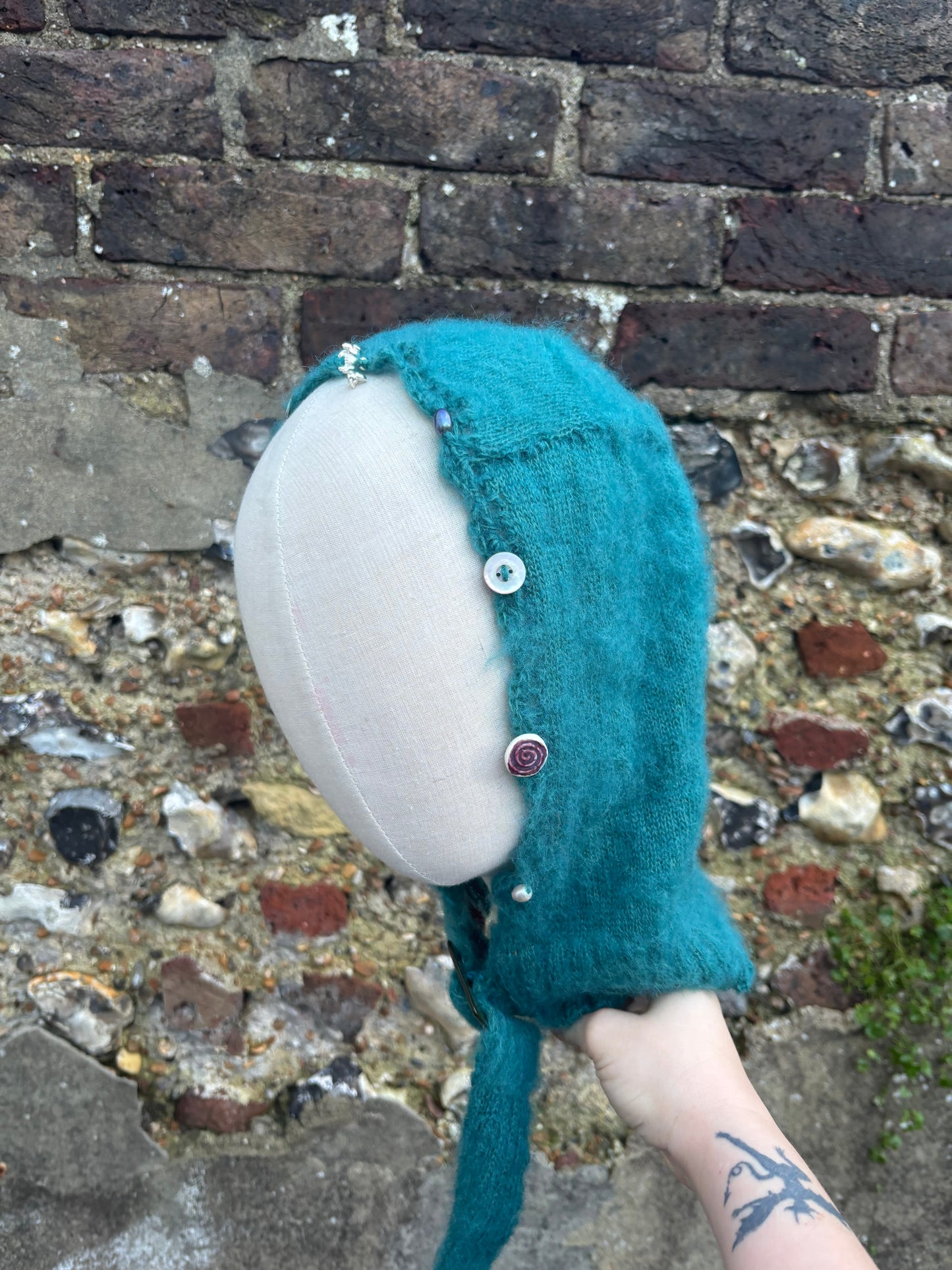 Teal mohair trinket bonnet